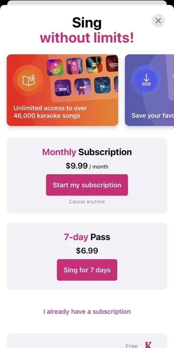 KaraFun paywall screen