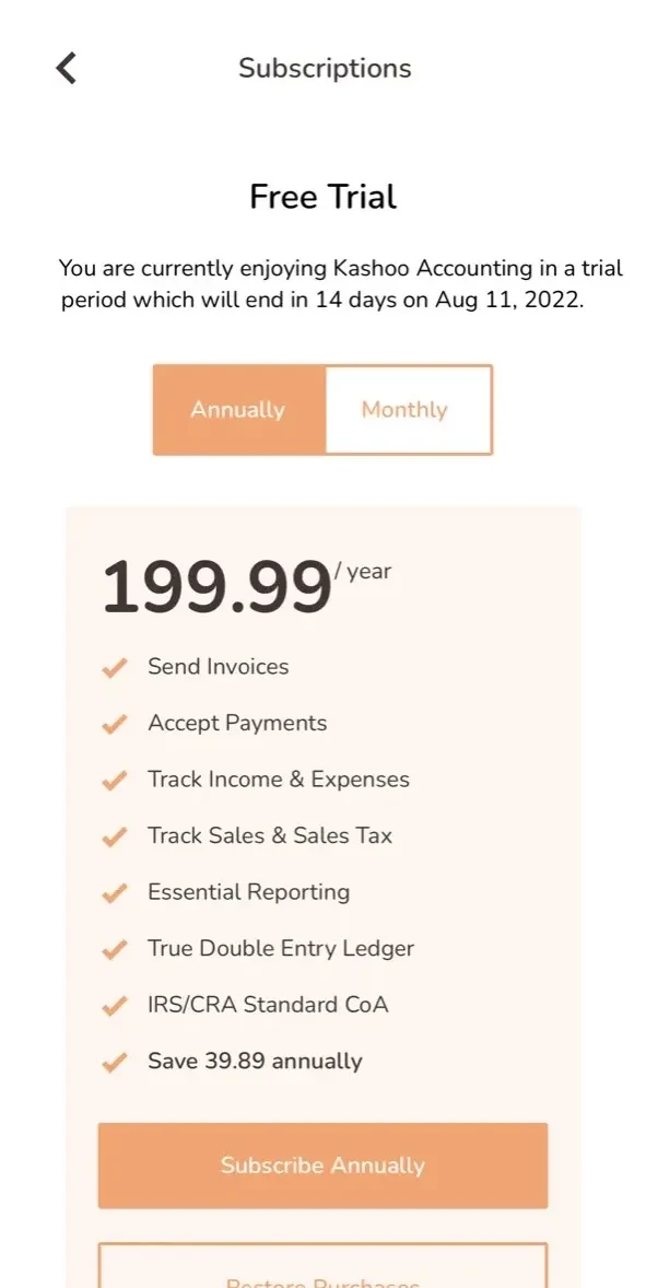 Kashoo Cloud Accounting paywall screen