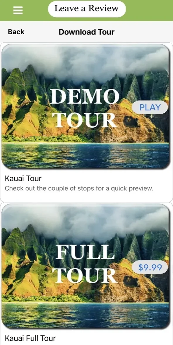 Kauai Hawaii Audio Tour Guide paywall screen