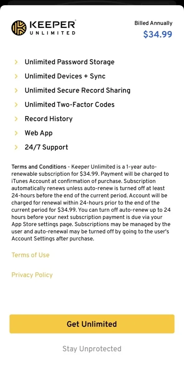 Keeper Password Manager paywall screen