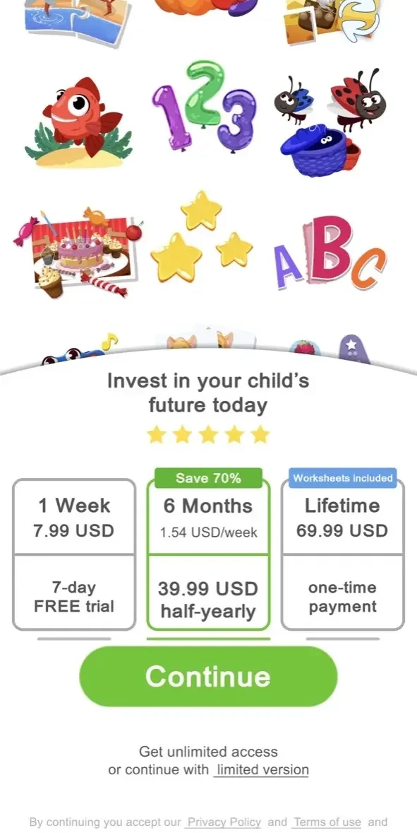 Keiki Learning games paywall screen