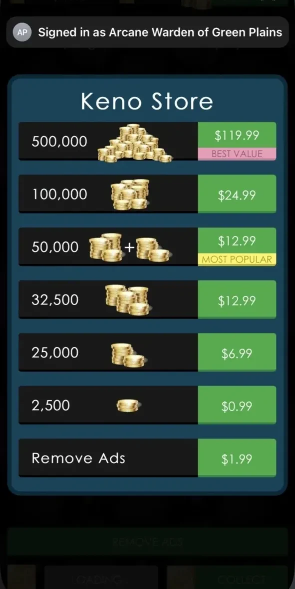 Keno Empire paywall screen