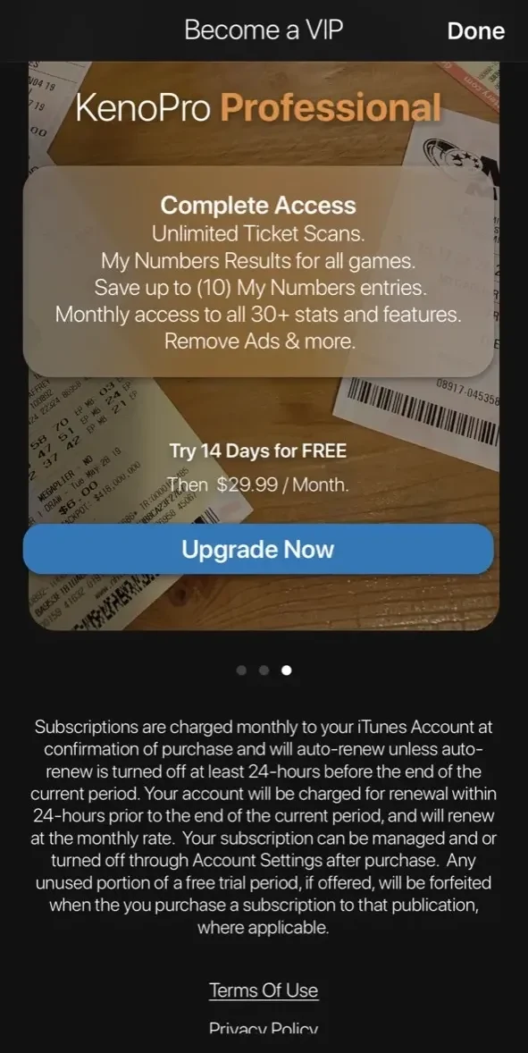 Keno Pro paywall screen