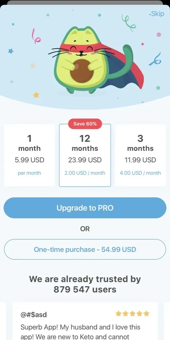 Keto diet app paywall screen