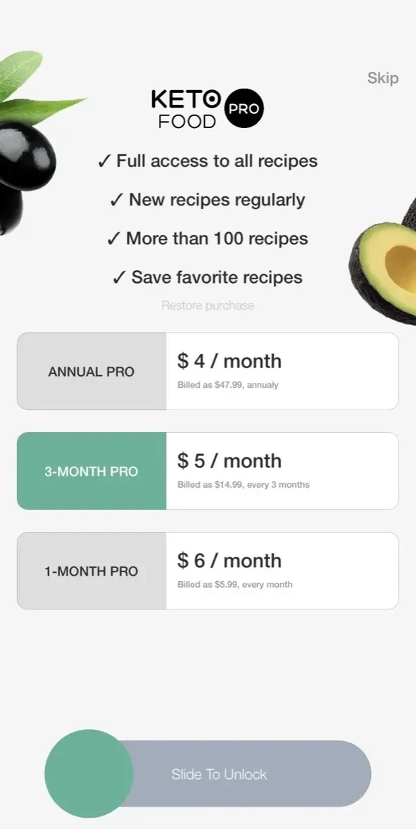 Keto Food paywall screen