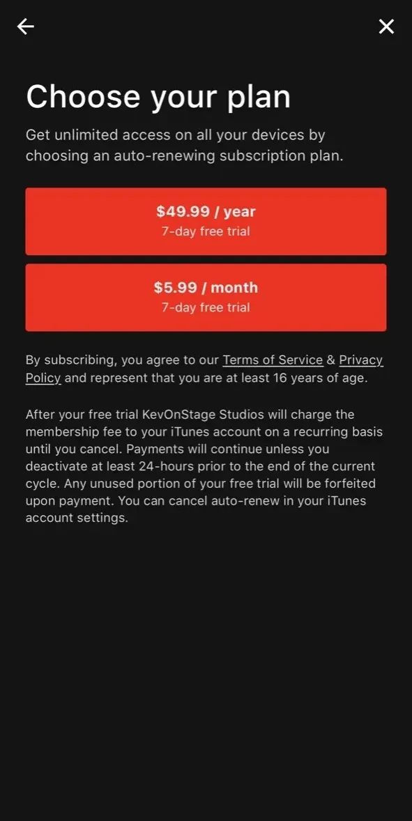 KevOnStage Studios paywall screen