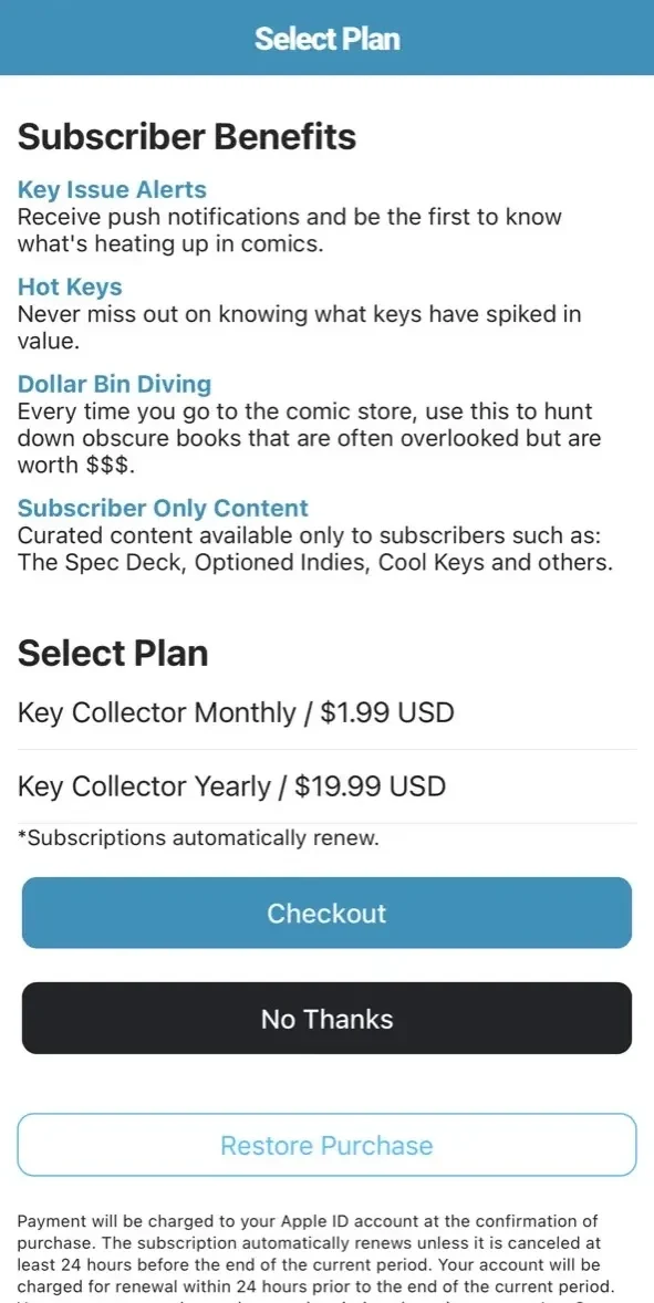 Key Collector Comics App paywall screen