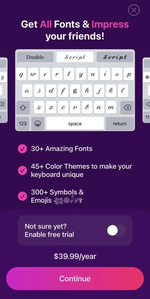 Keyboard Fonts++ paywall screen