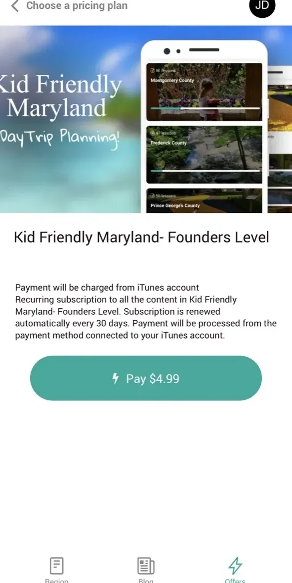 Kid Friendly Maryland paywall screen