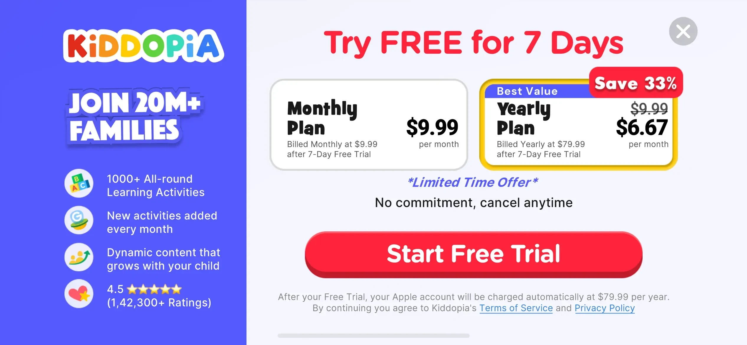 Kiddopia paywall screen