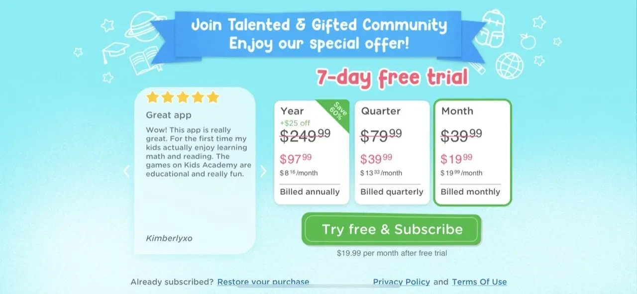 Kids Academy Pre paywall screen