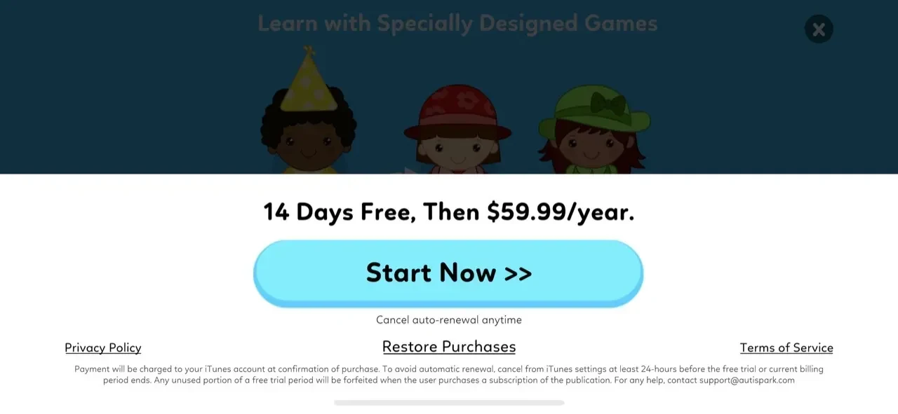 Kids Autism Games paywall screen