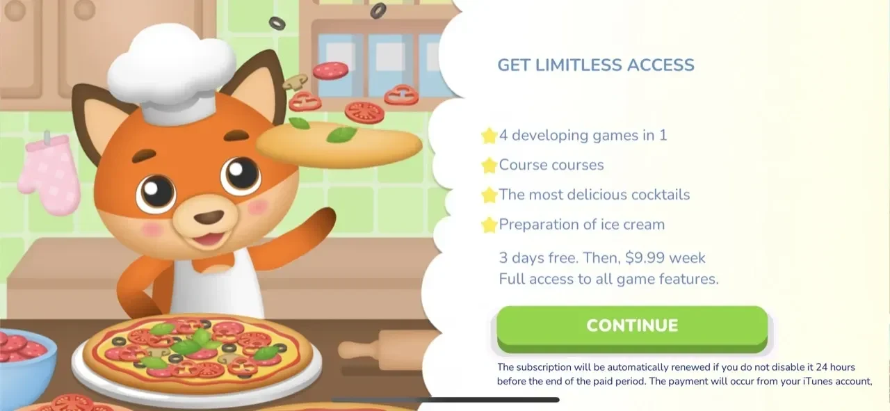 Kids cooking games 2+ year paywall screen