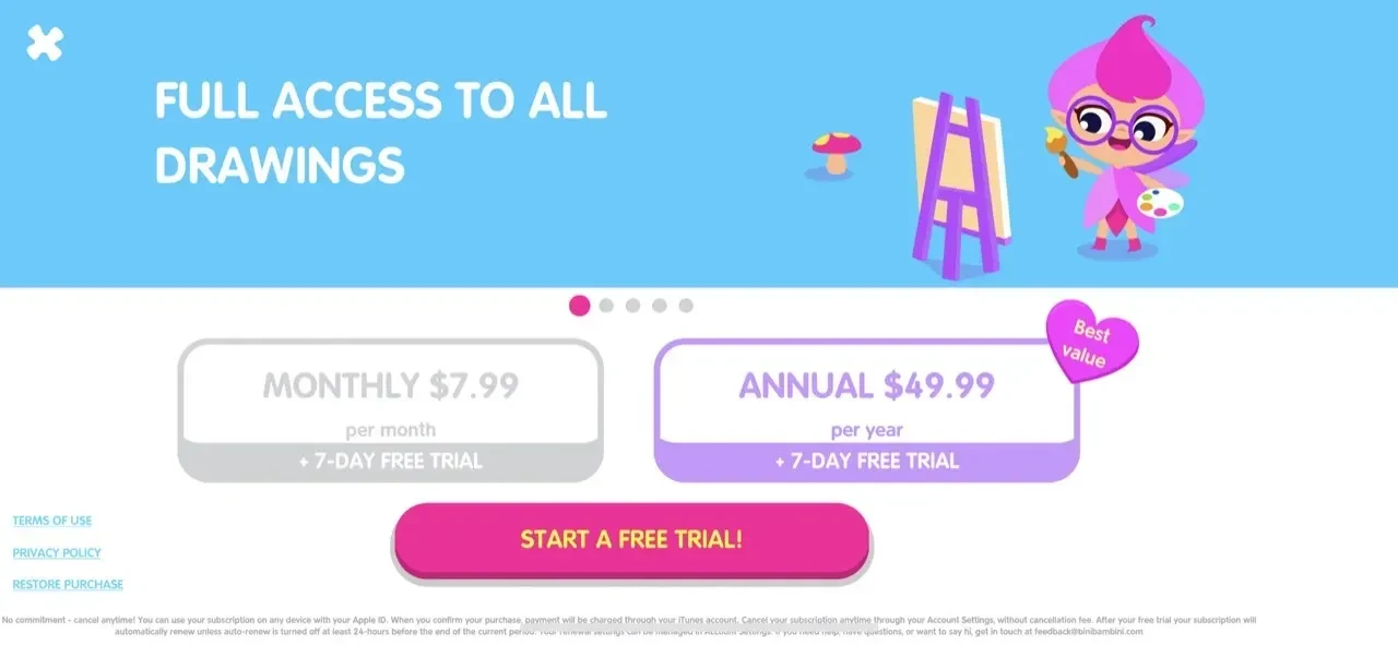 Kids Drawing Games 6 year paywall screen