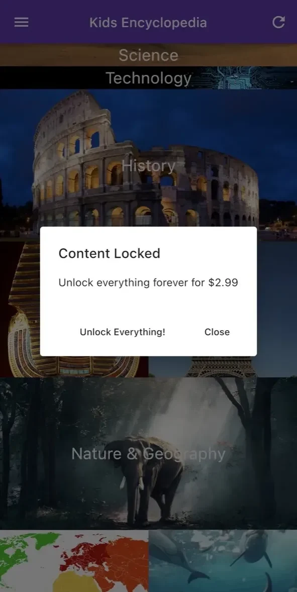 Kids Encyclopedia paywall screen