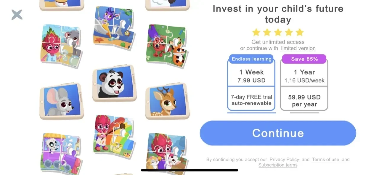 Kids Jigsaw Puzzle Game paywall screen