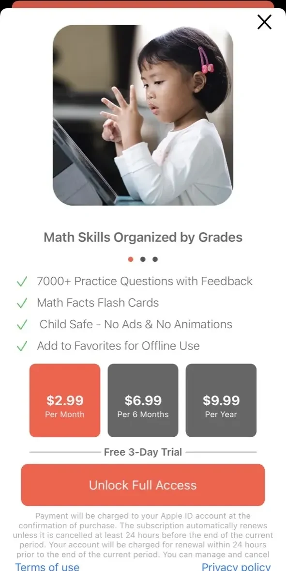 Kids Learn Math paywall screen