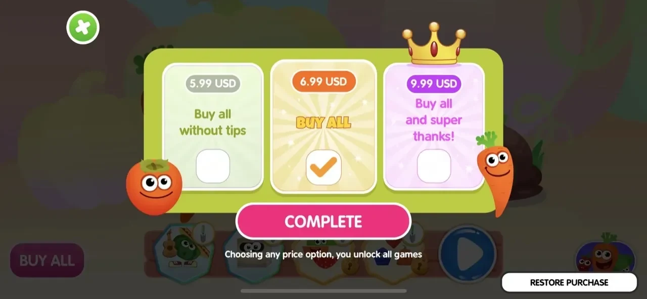 Kids Learning Games 4 Toddlers paywall screen