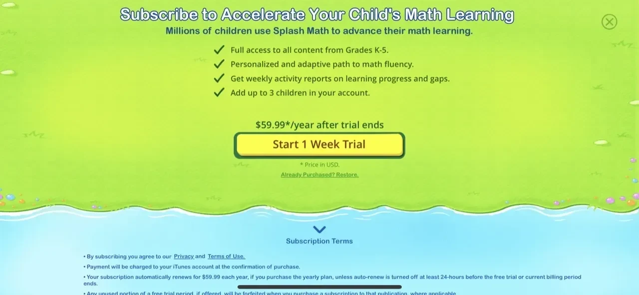 1st Grade Kids Learning Games paywall screen