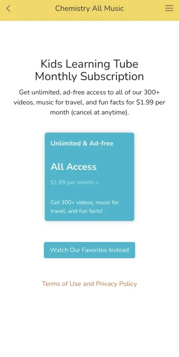 Kids Learning Tube paywall screen
