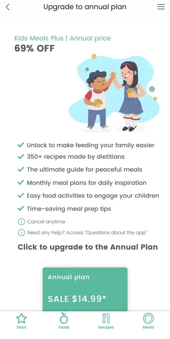 Kids Meals paywall screen