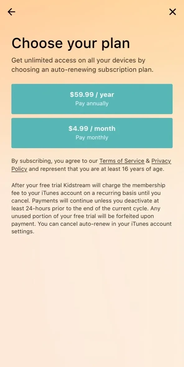 Kidstream paywall screen