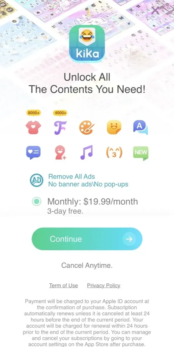Kika Keyboard paywall screen
