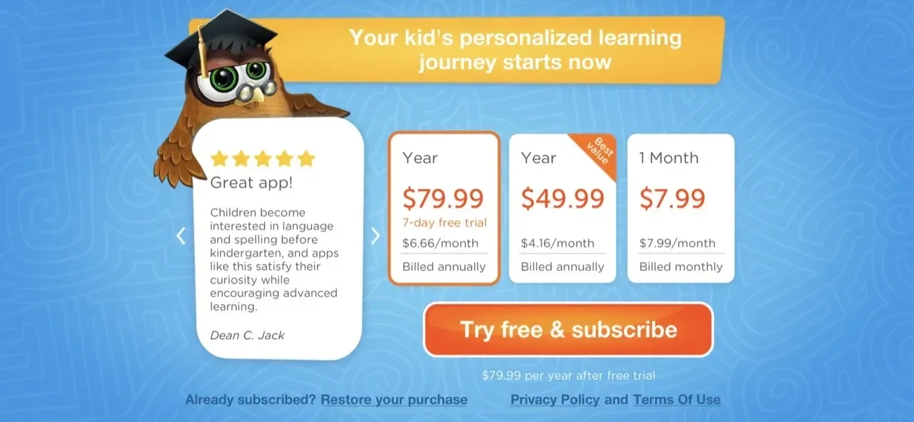 Kindergarten Math paywall screen