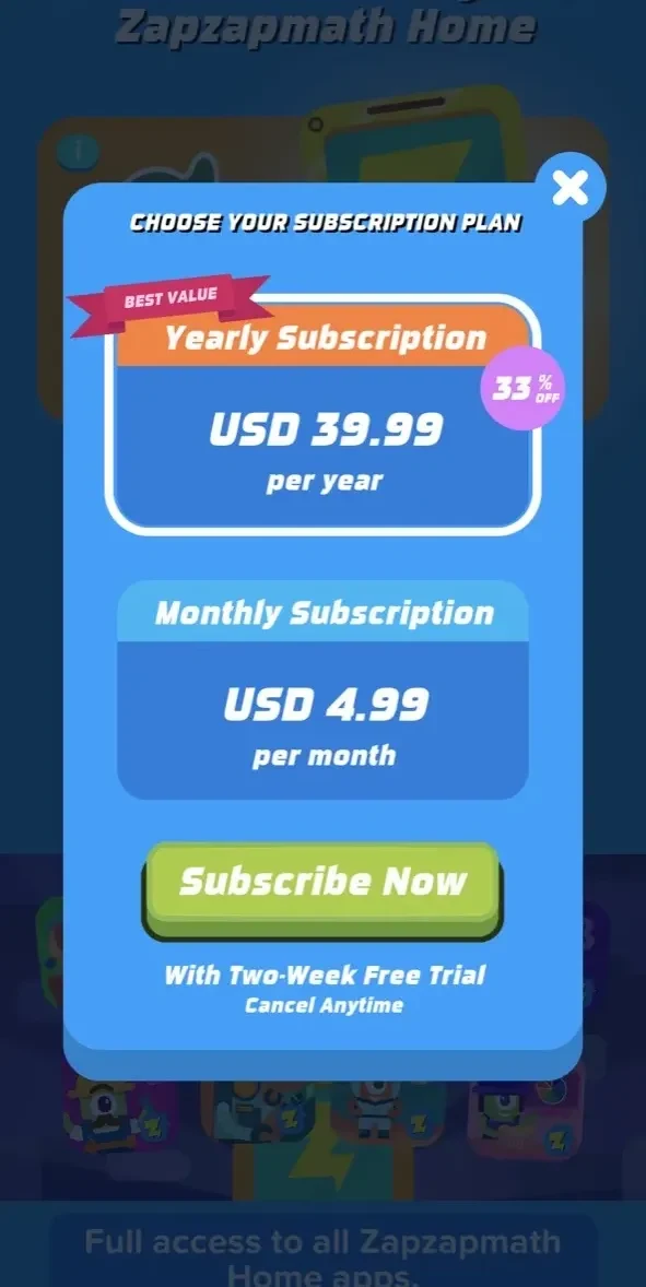 Kindergarten Math paywall screen