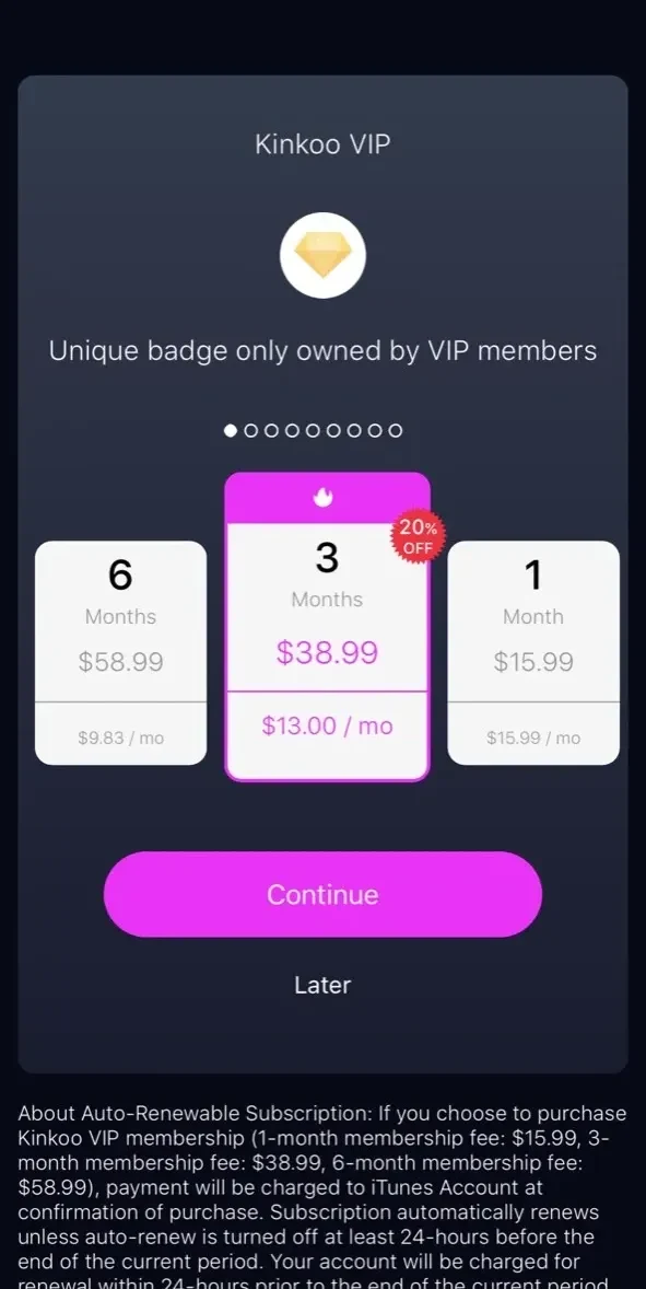 Kinkoo paywall screen
