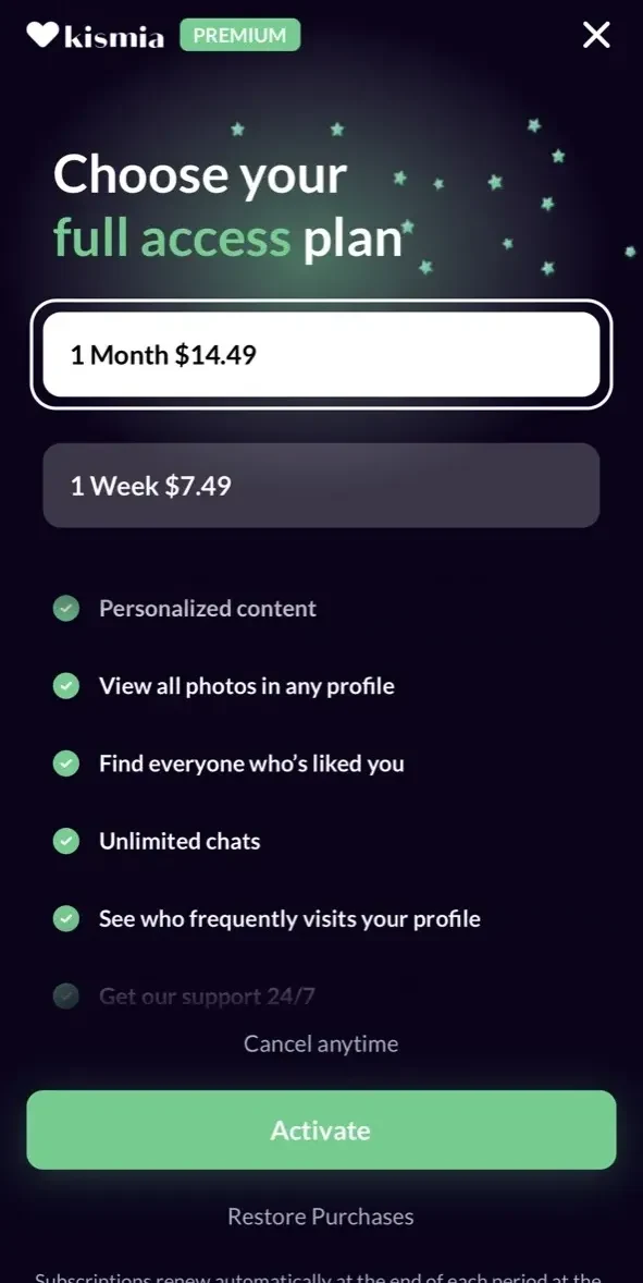 Kismia paywall screen