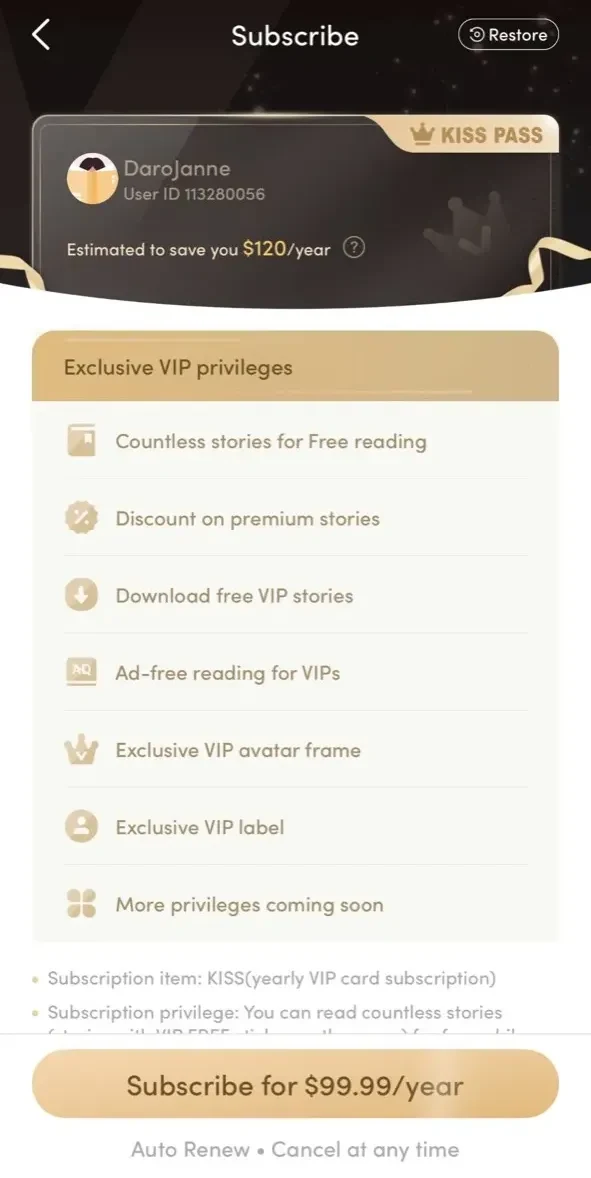 Kiss paywall screen