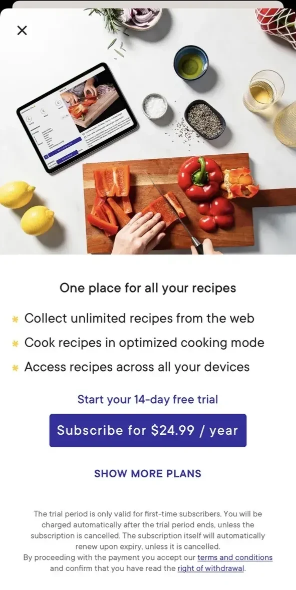 Kitchen Stories easy Recipes paywall screen