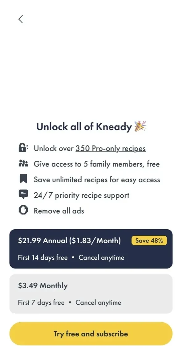 Kneady paywall screen