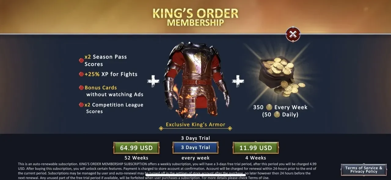 Knights Fight 2 paywall screen
