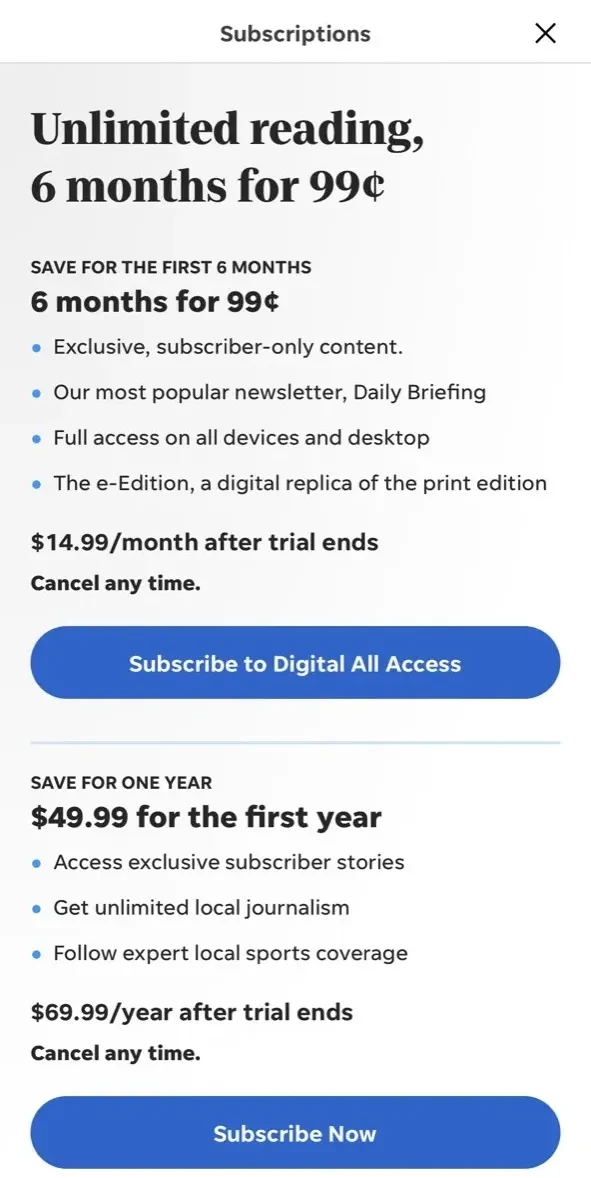 Knoxville News paywall screen