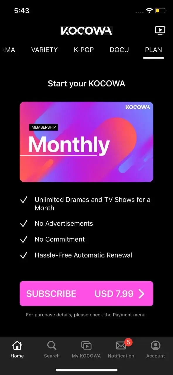 Kocowa+: K paywall screen