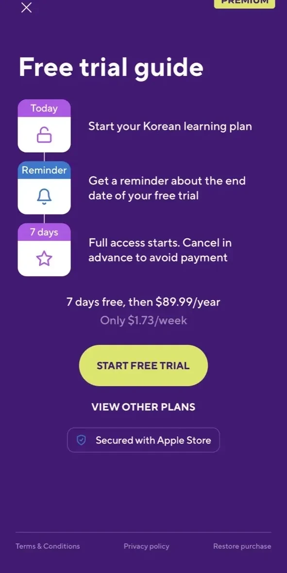 Korean language learning games paywall screen