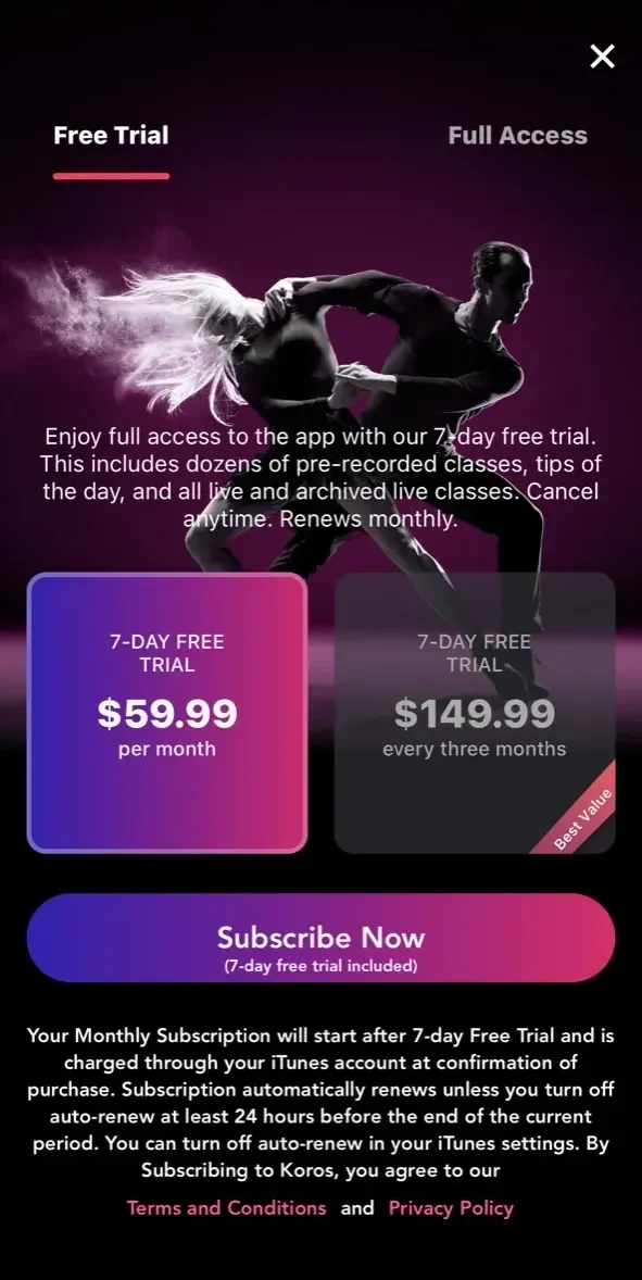 Koros paywall screen