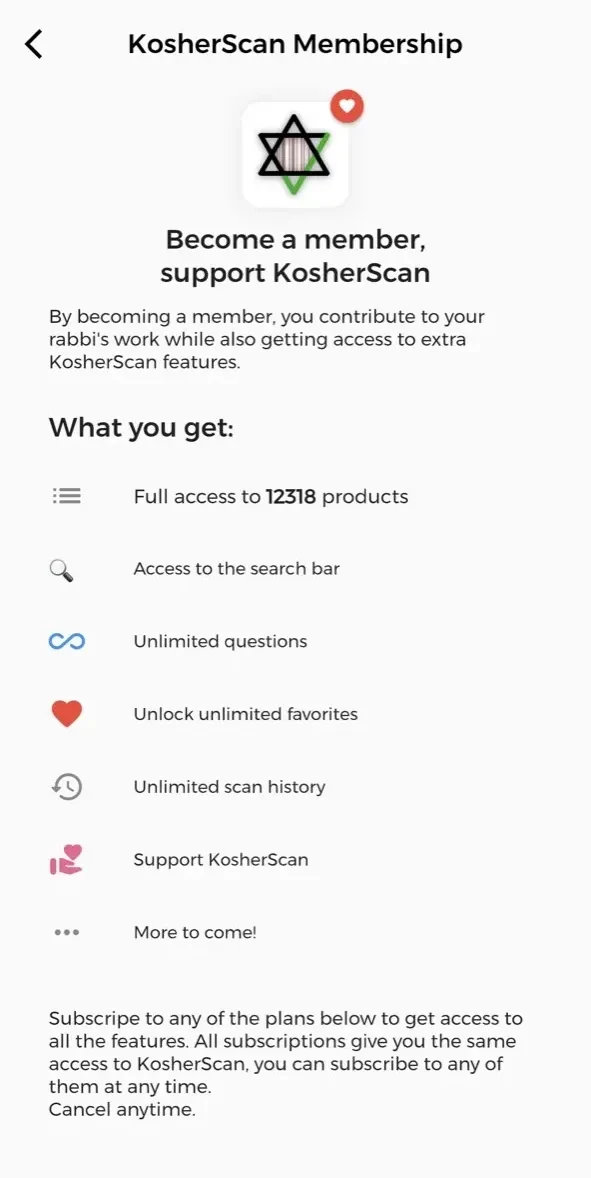 KosherScan App paywall screen