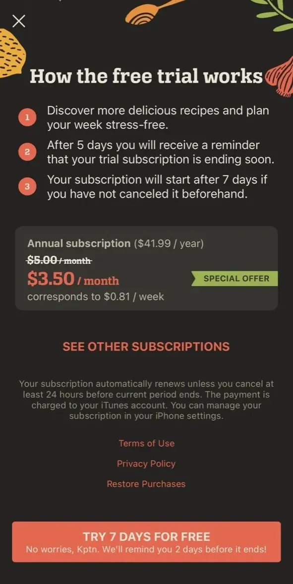 KptnCook Meal Plans paywall screen