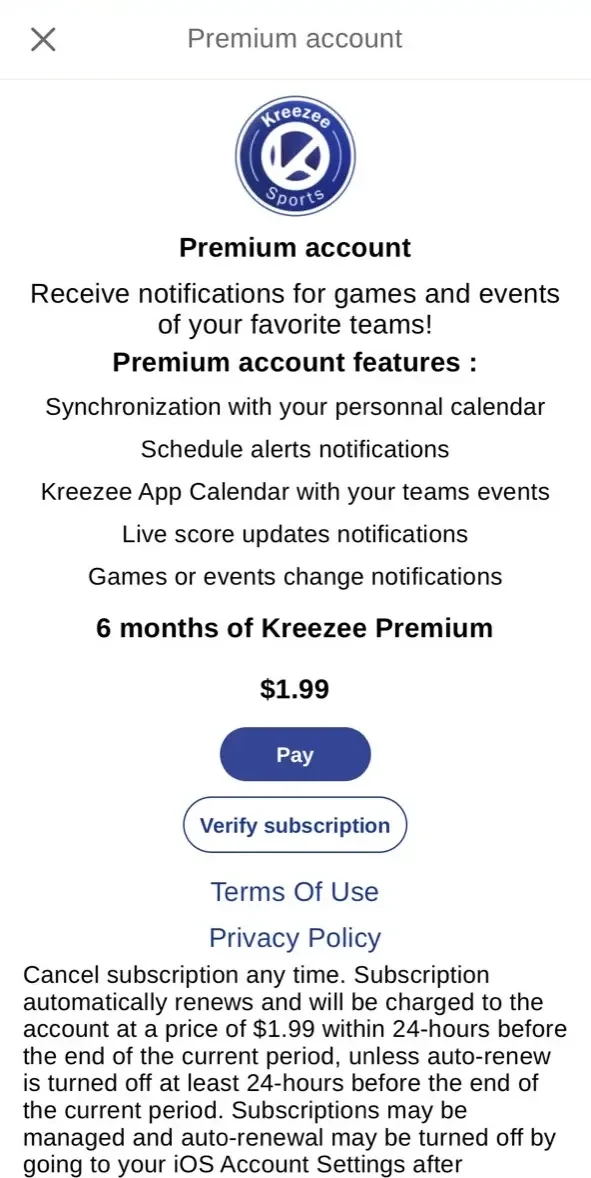 Kreezee Sports App paywall screen