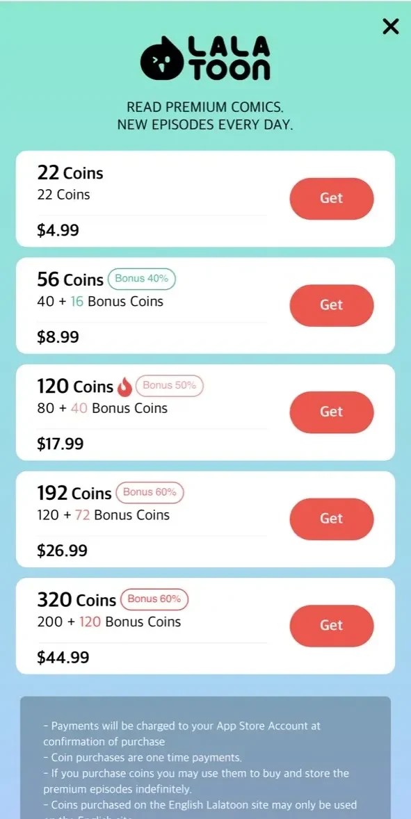 Lalatoon paywall screen
