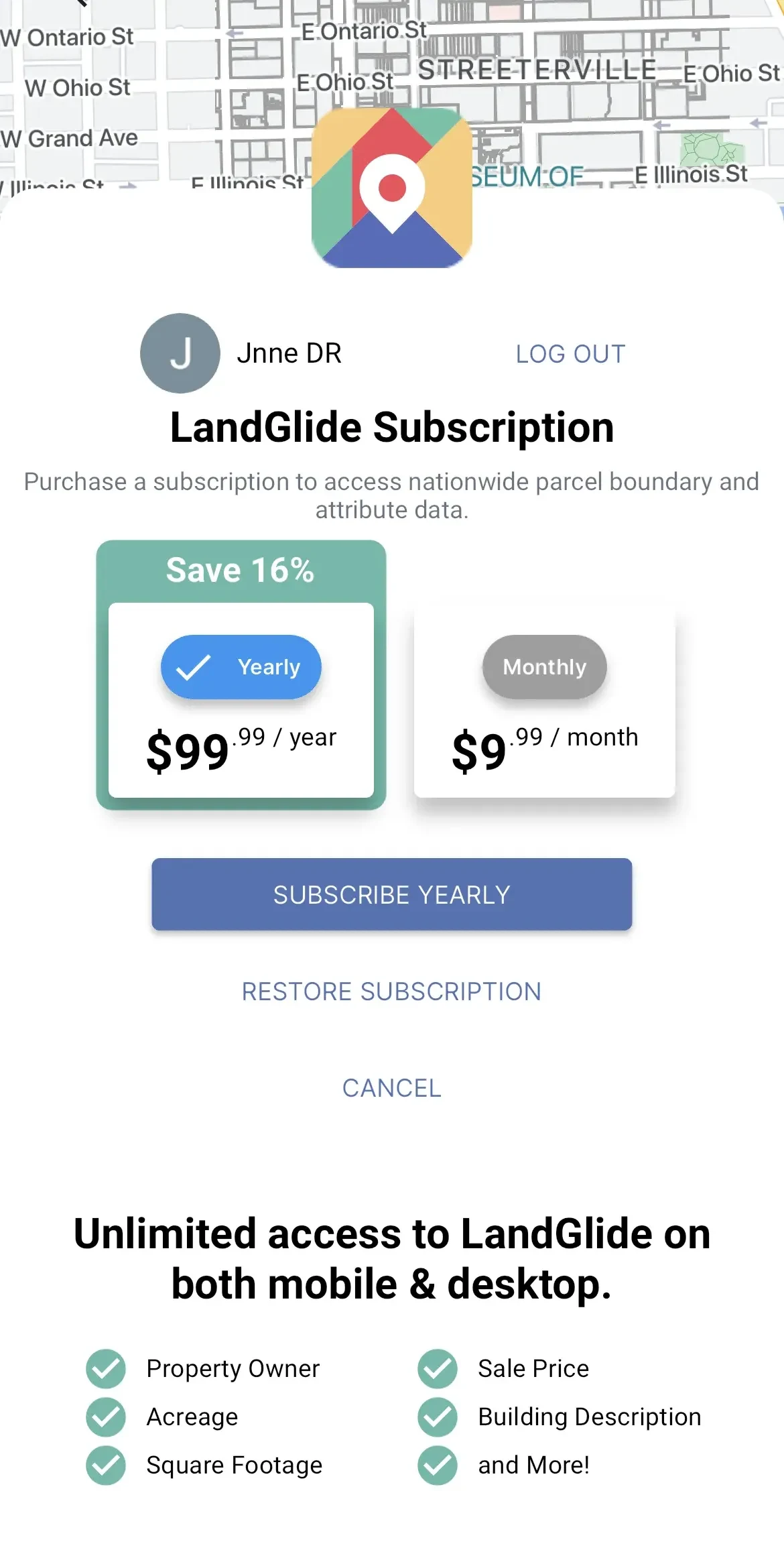 LandGlide paywall screen