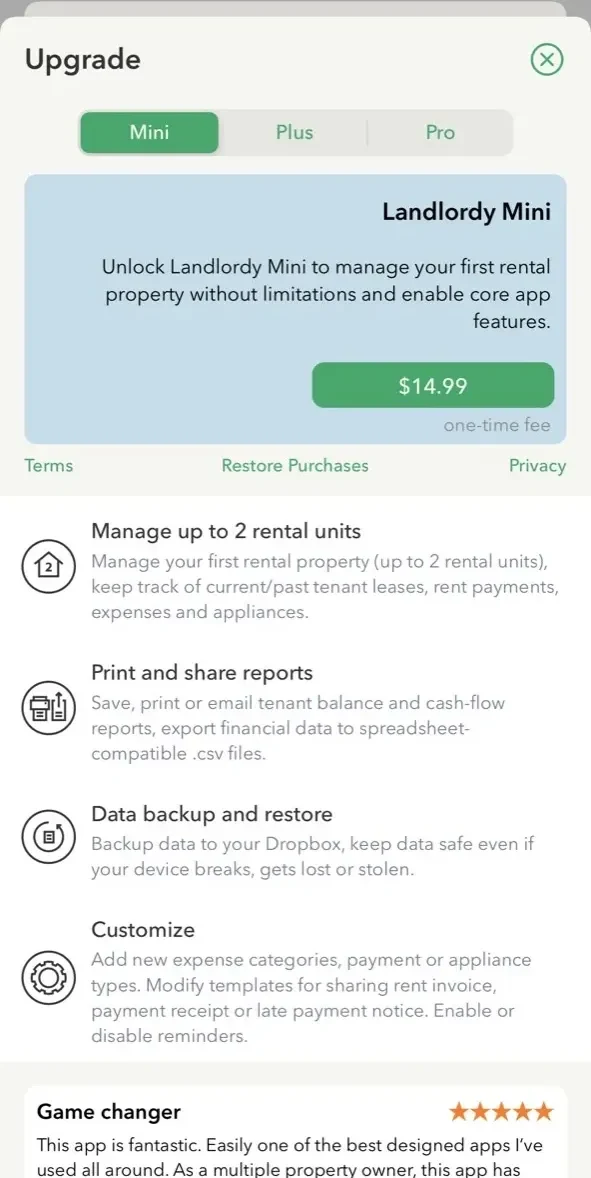 Landlordy Property Management paywall screen