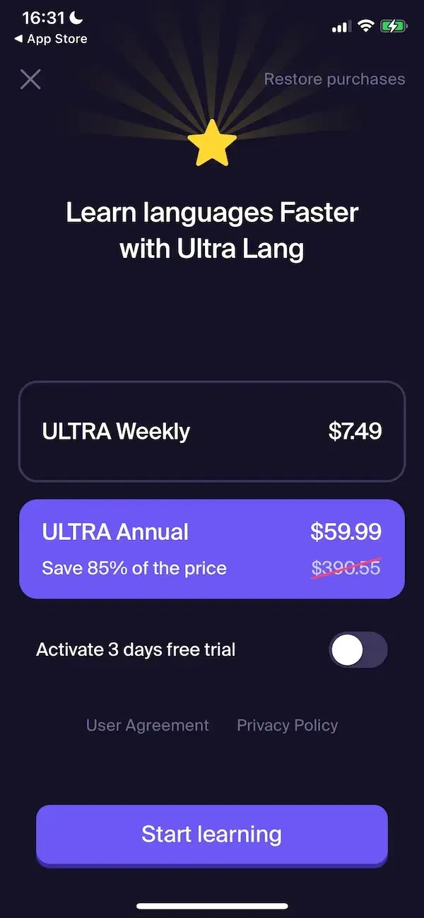 LANG paywall screen