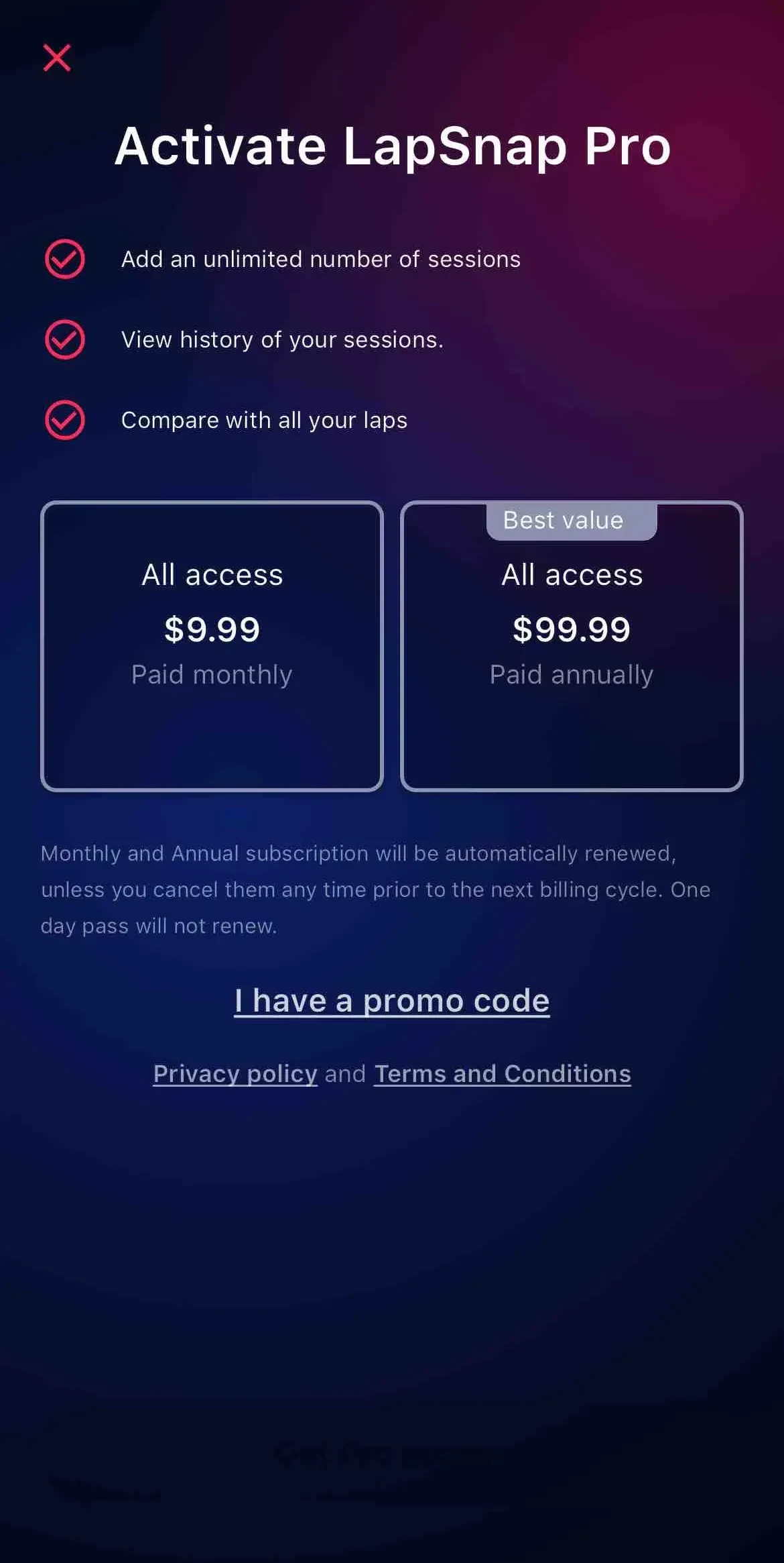 LapSnap paywall screen