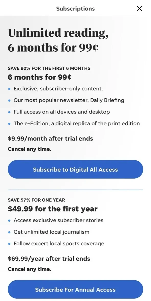 Las Cruces Sun News paywall screen