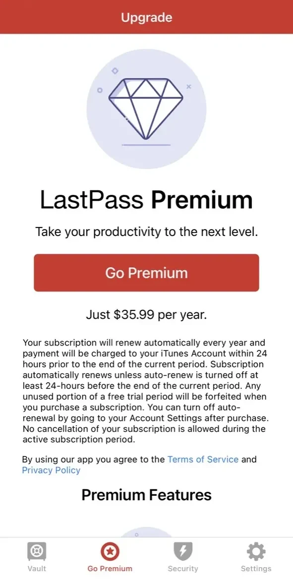 LastPass Password Manager paywall screen