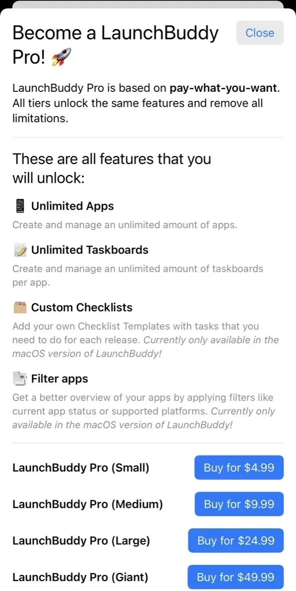 LaunchBuddy paywall screen